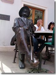 The statue of James Joyce, kicking back at a cafe named after Ulysses, on the site where he once lived in Pula.