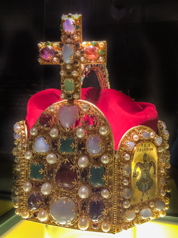 A replica of the Holy Roman Emperor's crown on display at Waldburg Castle (where the original was once kept in the castle Treasury)