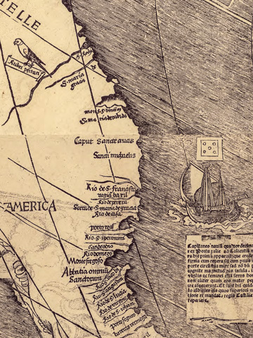 The word "America" (and a jaunty parrot) applied to the New World on this detail from the famous Waldsemüller Map