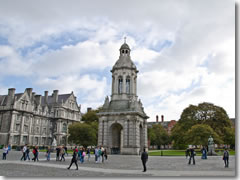 The Campanile seperating paved Parliament Square from grassy Library Square at the entrence to Trinity College, Dublin
