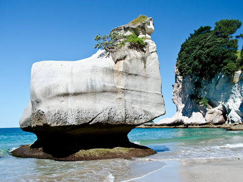 One of the distinctive boulders at Cathedral Cove, Coromandel Peninsula, North Island, New Zealand