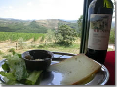 Some pecorino and a bottle of the red wine grown on those very vines in the background at La Rignana, an agriturismo in Tuscany's Chianti region.