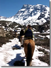 Our horses ford snowpacks as they climb high into the Andes Mountains of Chile