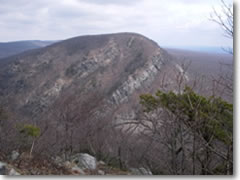 The Delaware Water Gap's 1,527-foot Mount Tammany offers one of the best geoglocial cross-sections--a perfect, angled thrust-fault--along the whole Appalachian Trail