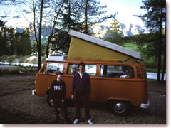Our hippie-orange VW campervan took my family (the author, left age 12, his Uncle Marc, right age 19) everywhere in Europe. This campground is by a mountain stream high in the Italian Dolomites. (Photo by Frank Bramblett)