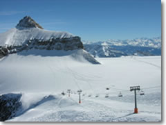 Skiing Glacier 3000 high in teh Swiss Alps above Les Diablerets