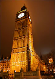 The clocktower at London's Parliament house--usually called Big Ben (though that's actually the name of one of the bells inside)