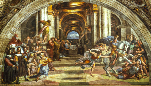 Raphael's Heliodorus Expelled from the Temple in the Stanza di Eliodoro of the Raphael Rooms in the Vatican Museum, Rome
