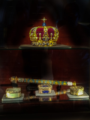 The Prussian crown and scpeter—and Frederick the Great's snuff boxes—in the treasury of Burg Hohenzollern