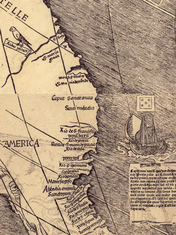 The word "America" (and a jaunty parrot) applied to the New World on this detail from the famous Waldsem&uuml;ller Map