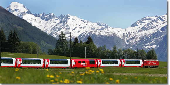 The Glacier Express panorama train through the Swiss Alps