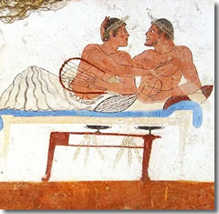 Two Greek lovers canoodling during a symposium, from the Tomb of the Diver frescoes at Paestum.