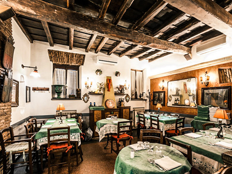One of the dining rooms at Al 34 Restaurant in Rome, Italy