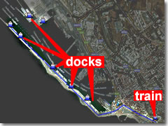 A map of the Civitavecchia cruise ship terminal in relation to the train station