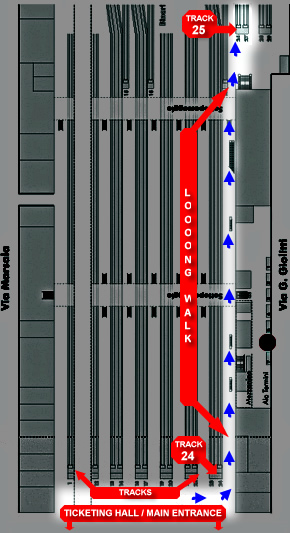 A map of Rome's Termini train station showing how to get to the airport train