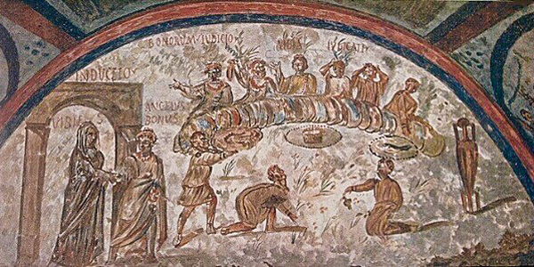 A Paleochristian fresco of a feast in the Catacombs of San Domitilla in Rome, Italy