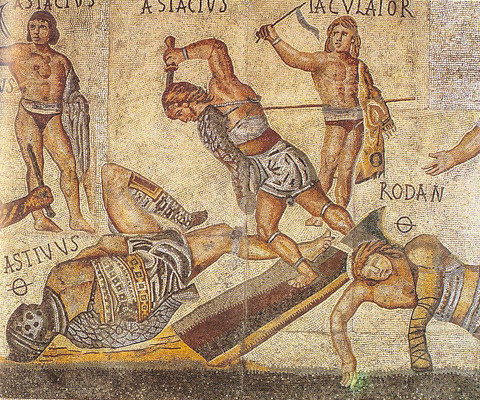 Detail of Gladiator mosaic from the AD 4th century in the Galleria Borghese, Rome
