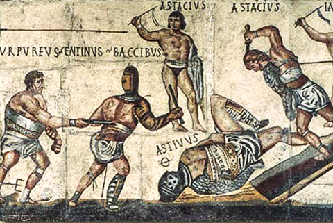 Detail of Gladiator mosaic from the AD 4th century in the Galleria Borghese, Rome