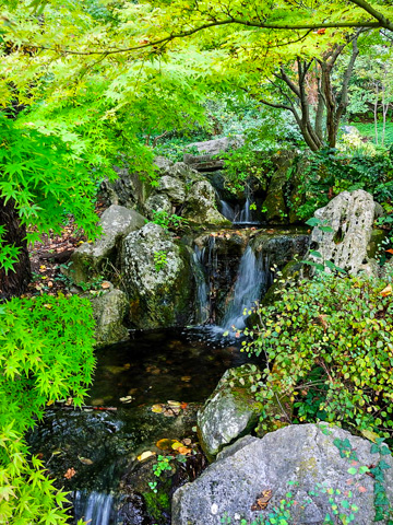 A waterfall in the Japanese Garden section of Trastevere's Orto Botanico, Rome