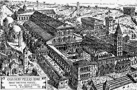 A recreation of the old, medieval St. Peter's as it appeared in the late 15th cetnury (from a 1891 drawing by H.W. Brewer)