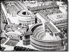 A model of ancient Rome, with the Theatre of Pompey in the foreground.