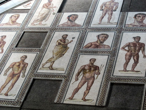The AD 310 Gladiator Mosaics from the Baths of Diocletian in the Museo Gregorio Profano, Vatican Museums, Rome, Italy. (Photo by Sailko)