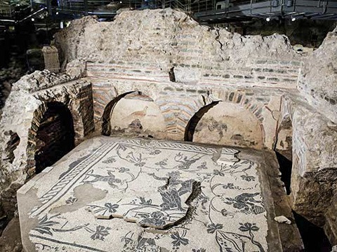 Floor mosaics survive in Burial chamber VIII in the S. Rosa section of the Vatican Necropolis Via Triumphalis, Rome