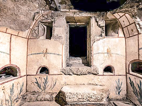 Frescoes survive on the walls of Burial chamber 6 in the Autoparco section of the Vatican Necropolis Via Triumphalis below the Vatican Gardens, Rome