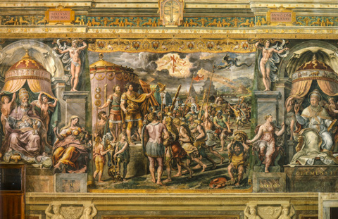 Giulio Romano's Vision of the Cross, to a design by Raffaello, in the Stanza di Constantino in the Vatican's Raphael Rooms.