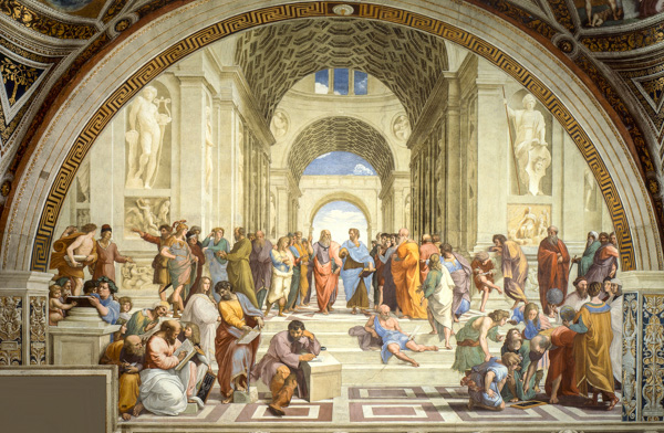 The School of Athens (1508–11) in the Stanza della Segnatura of the Raphael Rooms in the Vatican Museum, Rome
