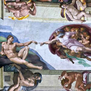 the detail of 'God Creating Adam' from Michelangelo's Sistine Chapel ceiling