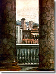 A detail of the trompe-l'oeil frescoes in the Sala delle Prospettive room, compelte with 16th century german graffiti