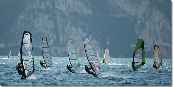 Sail boarding on Lake Garda near Riva del Garda and Torbole