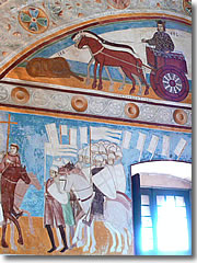 A detail of the frescoes in the Sala di Giustizia, Rocca Borromeo, Angera, Lago Maggiore