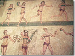 An ancient Roman mosaic of women exercising