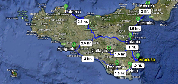 Travel times to get to Siracusa
