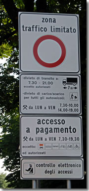 A sign showing the Zona Traffico Limitato signs in Florence