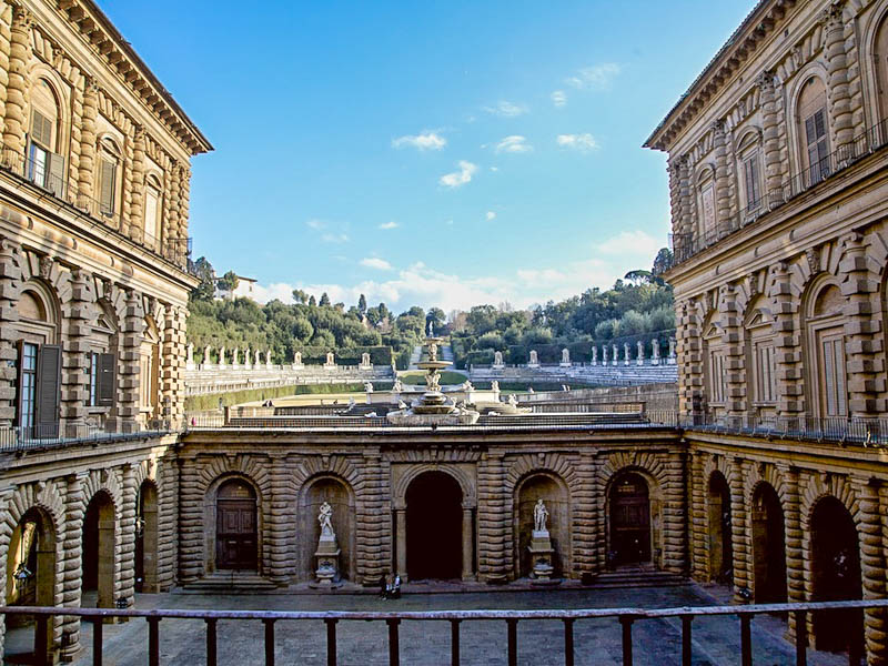 Ammanati's back courtyard of the Pitti Palace with the Boboli Gardens beyond. (Photo by George Grinsted)