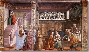 Ghirlandaio fresco of the Birth of the Virgin Mary in the Tornabuoni Chapel of Santa Maria Novella church in Florence