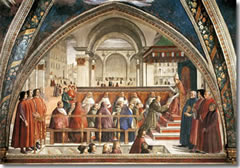 St. Francis Receiving the Rule of Orders for Pope Honorius, a fresco by Domenico Ghirlandaio in the Sassetti Chapel of Santa Trinita church in Florence