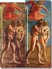 Explusion from the Garden of Eden by Masaccio in the Brancacci Chapel of Florence's church of Santa Maria del Carmine - Bot before and after the 1980s cleaning