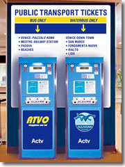 Automated tickets machines for land buses (left) and water bus ferries (right) at the Venice airport.