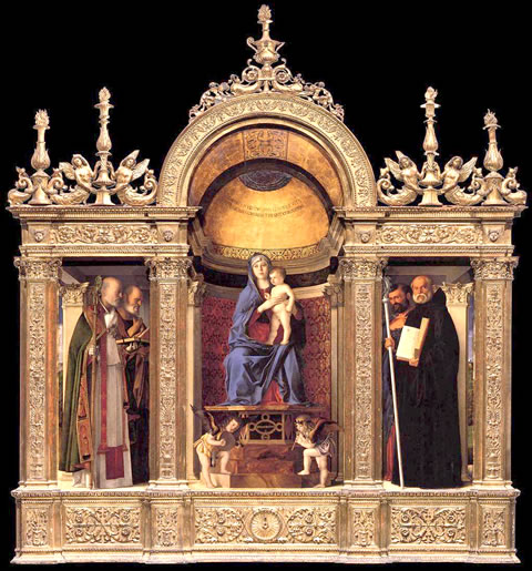 Giovanni Bellini's 1488 Madonna and Child triptych in I Frari church.