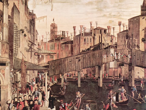 The Rialto Bridge as it appeared in 1494, in a detail from a painting by Vittore Carpaccio in the Accademie Galleries