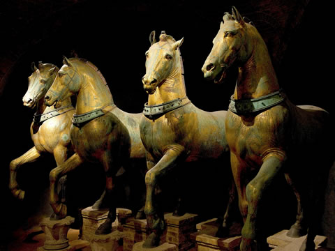 The quadriga trionfale, ancient statues of four chariot horses in St. Mark's Cathedral in Venice.