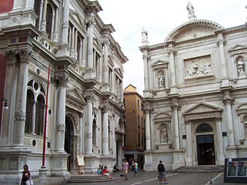 The marbale facade of the Scuola Grande di San Rocco in Venice.